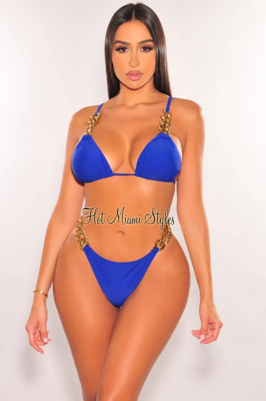Royal Blue Gold Chain Scrunch Butt Bikini Top sold by Hot Miami Styles