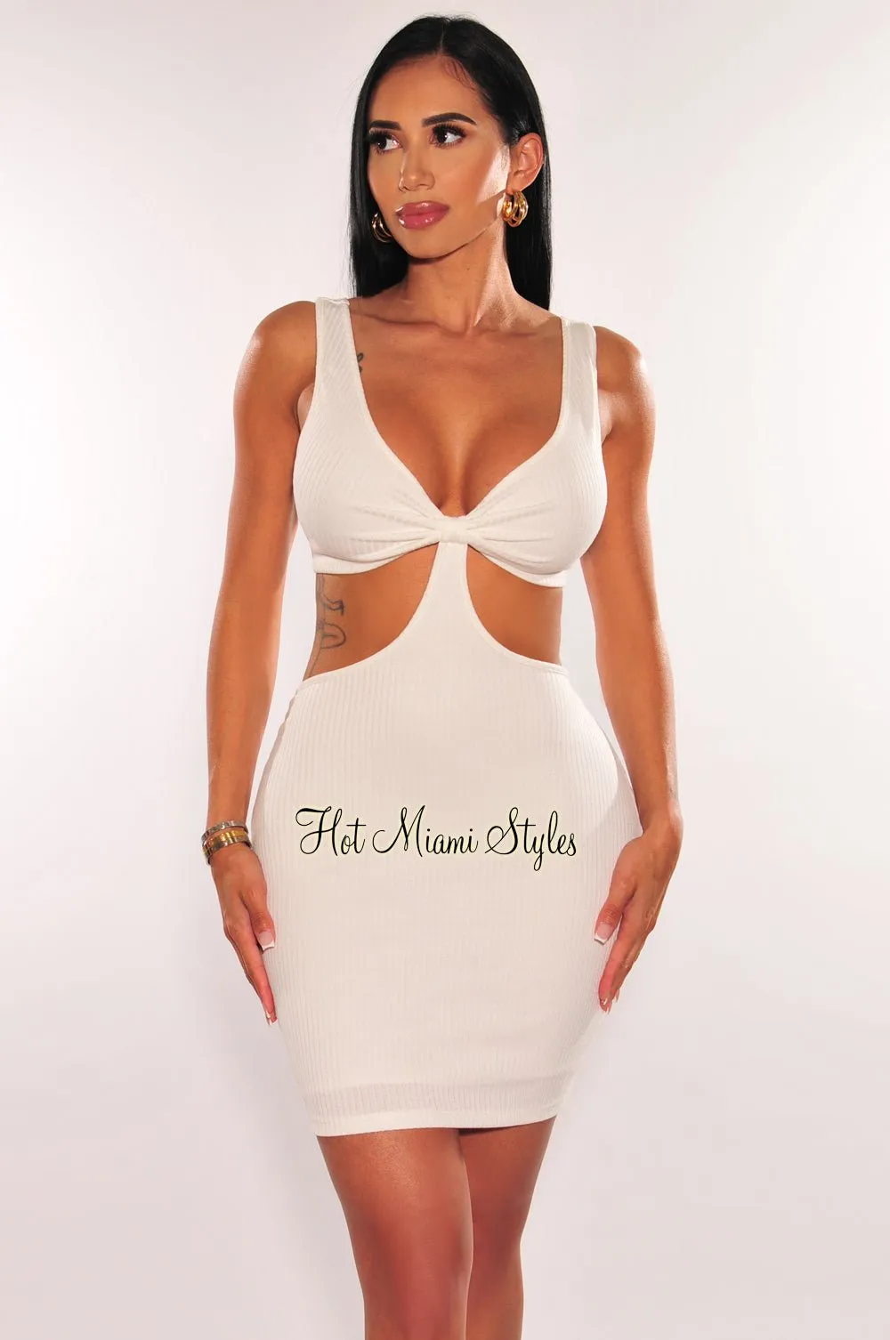 White Ribbed Sleeveless Knotted Cut Out Mini Dress sold by Hot Miami Styles