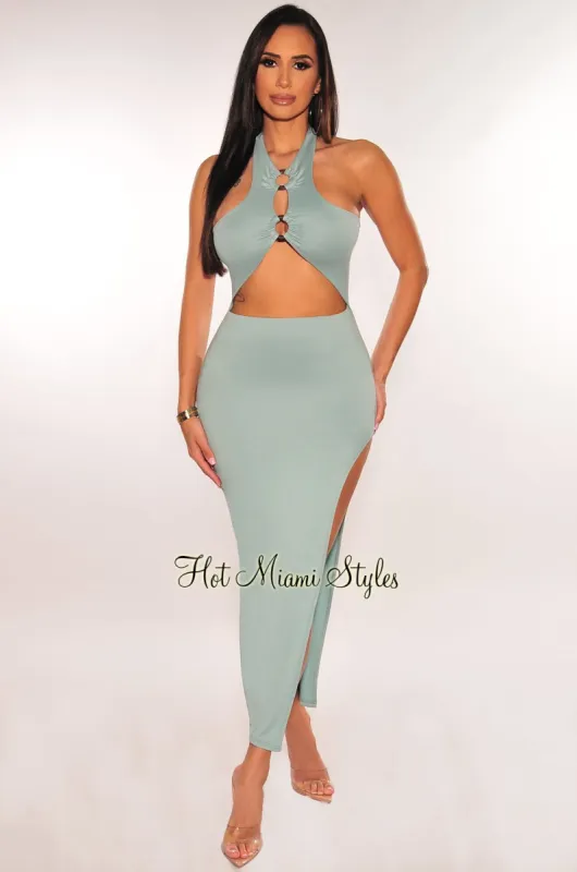 Dusty Mint Halter O-Ring Cut Out Slit Dress sold by Hot Miami Styles