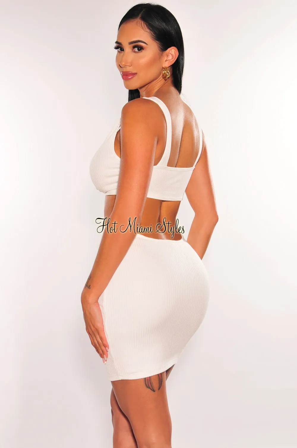 White Ribbed Sleeveless Knotted Cut Out Mini Dress sold by Hot Miami Styles product image thumbnail 2