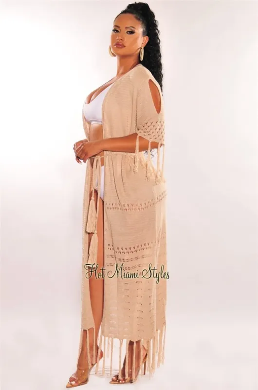 Mocha Crochet Fringe Belted Maxi Cover Up sold by Hot Miami Styles
