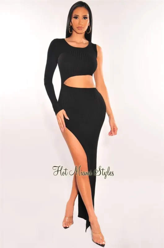 Black Ribbed Knit One Sleeve Cut Out Slit Maxi Dress sold by Hot Miami Styles