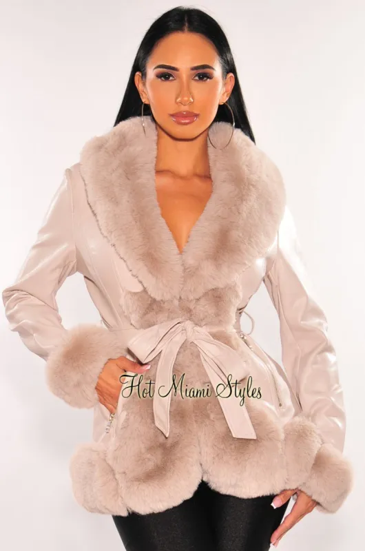 Blush Beige Faux Leather Fur Belted Coat Jacket sold by Hot Miami Styles