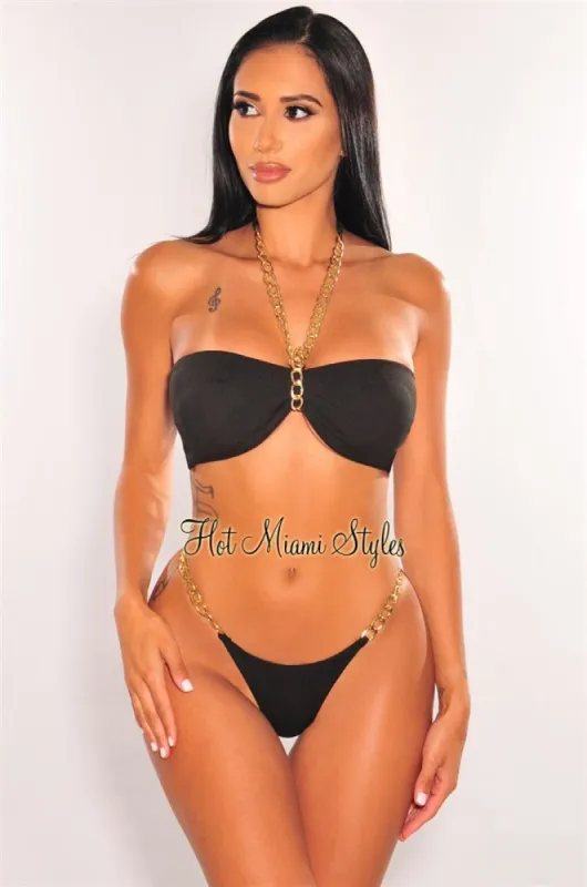 Black Ribbed Gold Chain Padded Thong Bikini sold by Hot Miami Styles