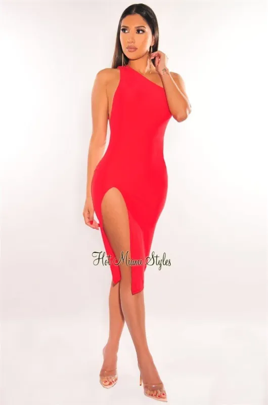 Red One Shoulder Strappy Back Slit Dress sold by Hot Miami Styles