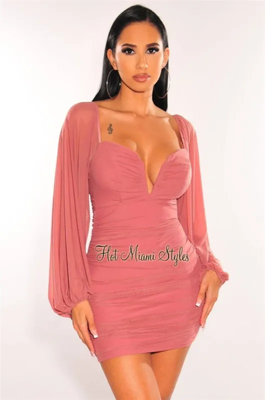 Mauve Mesh V Wire Long Sleeve Ruched Dress sold by Hot Miami Styles