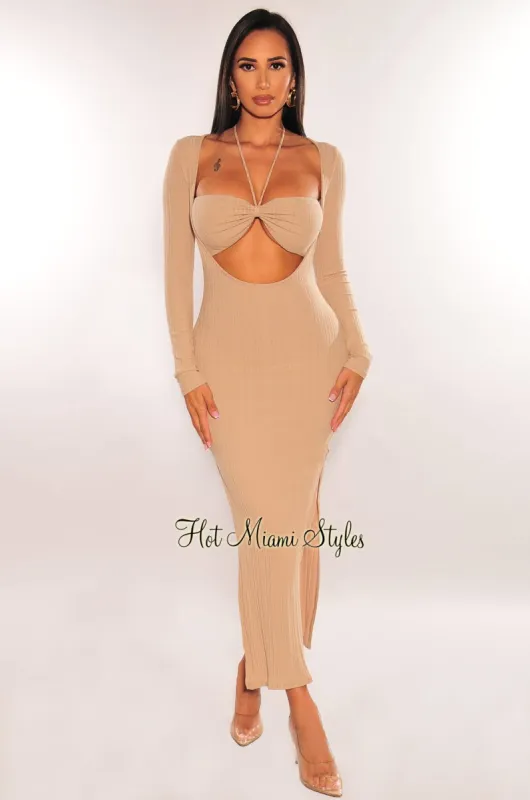 Taupe Ribbed Long Sleeve Cut Out Double Slit Dress sold by Hot Miami Styles