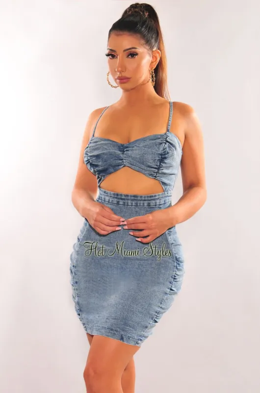 Denim Spaghetti Straps Ruched Cut Out Dress sold by Hot Miami Styles