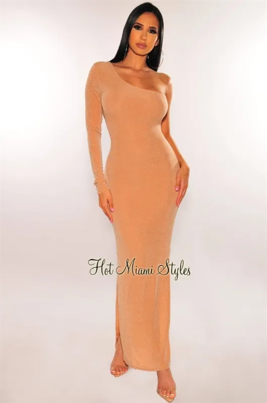 Nude Shimmer One Sleeve Double Slit Maxi Dress sold by Hot Miami Styles