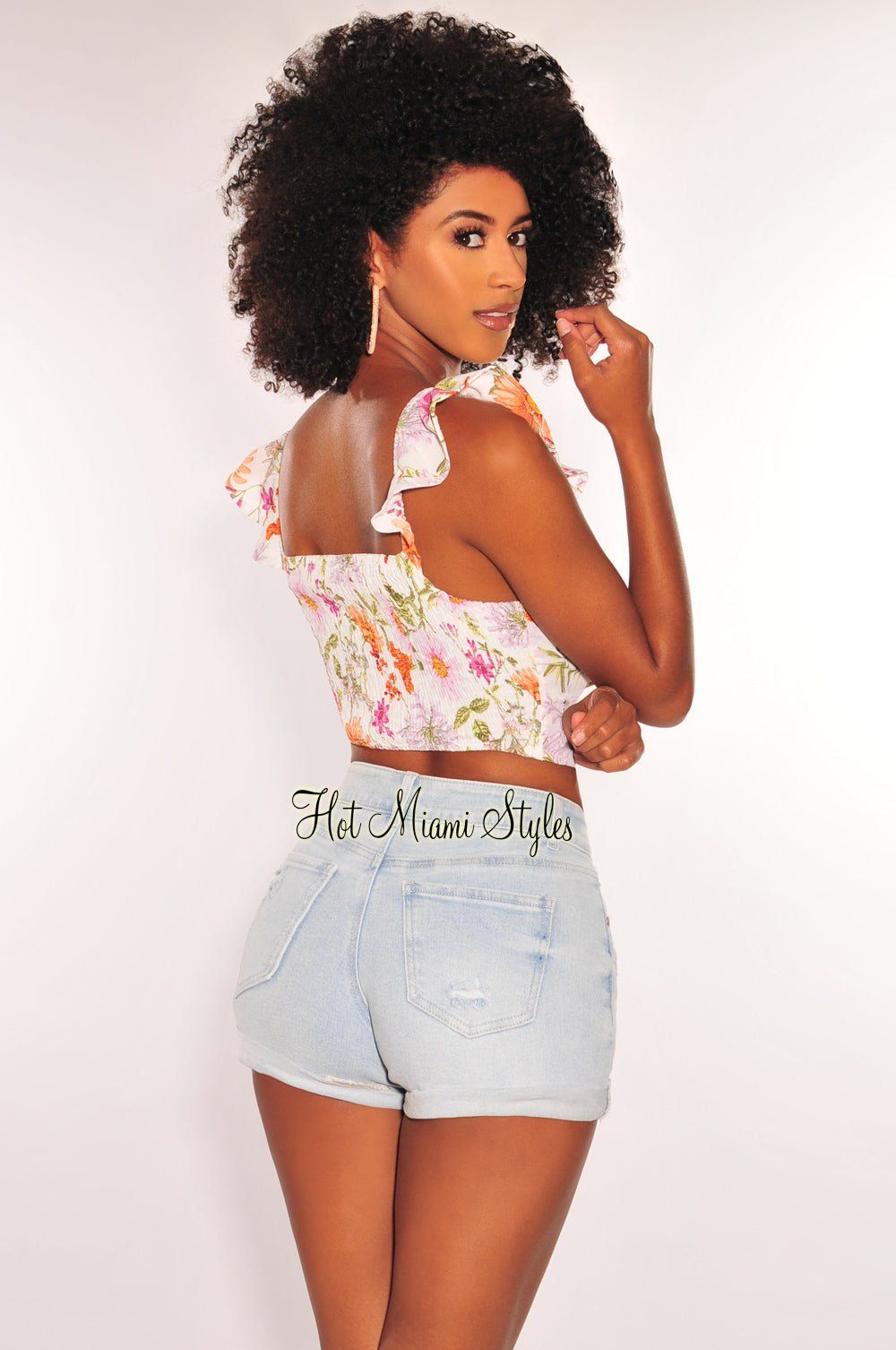 White Floral Print Padded Ruffle Straps Bustier Crop Top sold by Hot Miami Styles product image thumbnail 2