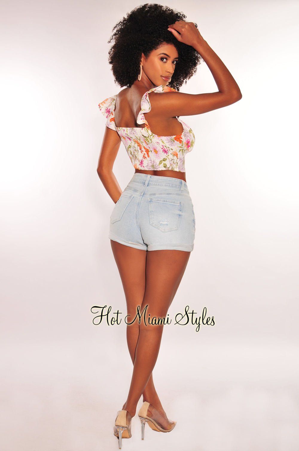 White Floral Print Padded Ruffle Straps Bustier Crop Top sold by Hot Miami Styles product image thumbnail 4