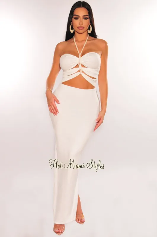 White Halter Braided Rope Cut Out Maxi Dress sold by Hot Miami Styles