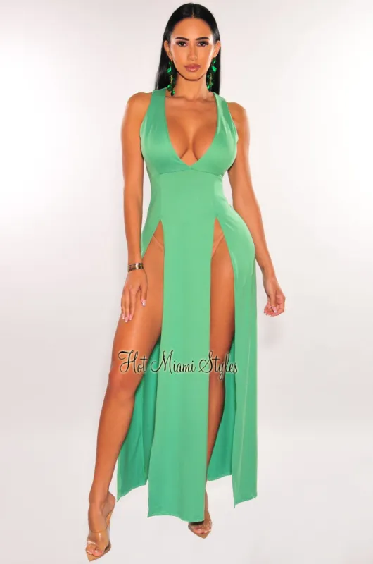 Green Sleeveless V Neck Double Slit Cover Up Maxi Dress sold by Hot Miami Styles