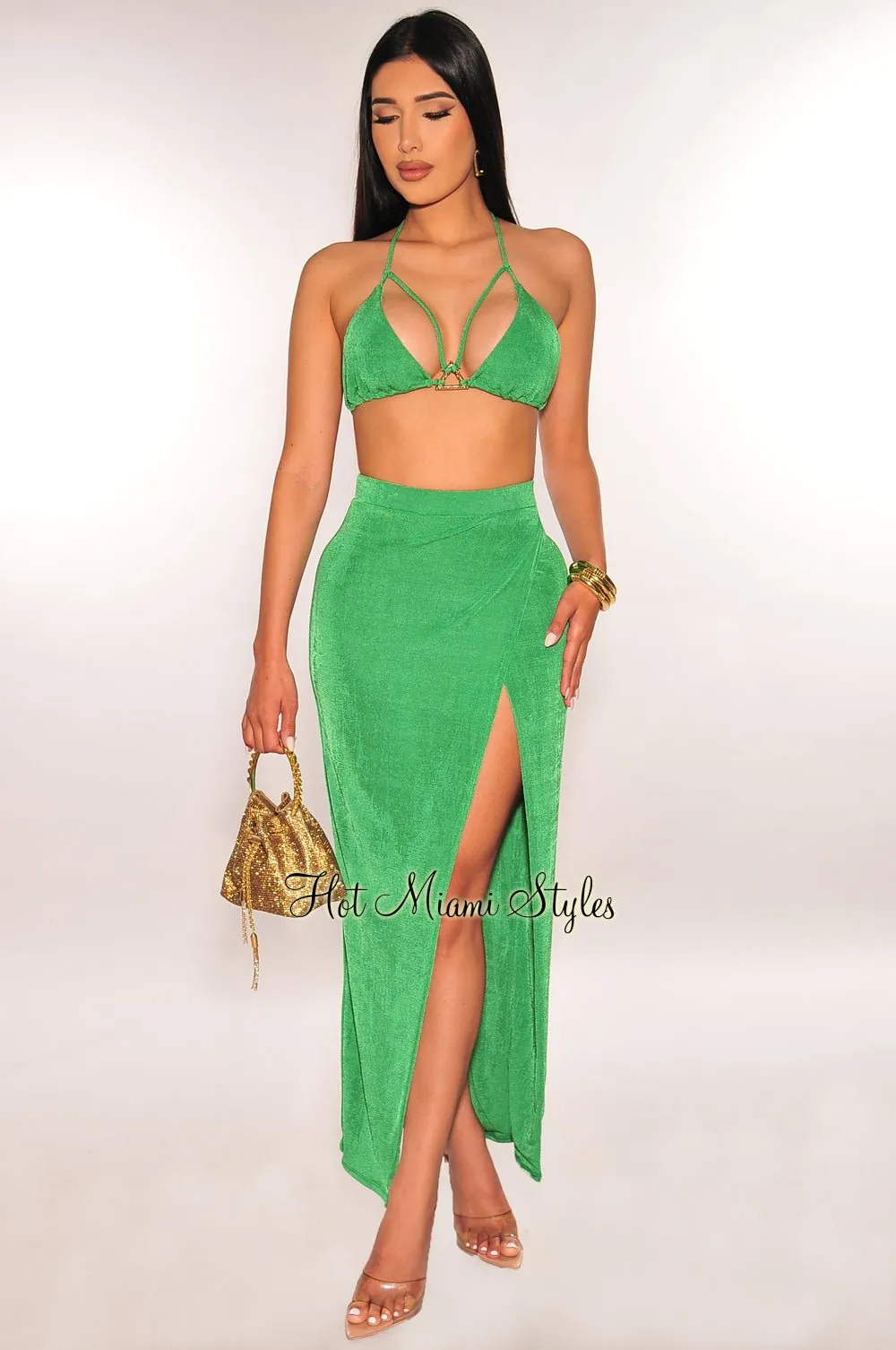 Green Gold Ring Triangle Top Slit Skirt Two Piece Set sold by Hot Miami Styles