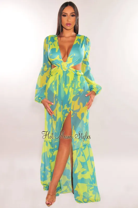 Lime Blue Print O-Ring Cut Out Long Sleeve Double Slit Maxi Dress sold by Hot Miami Styles
