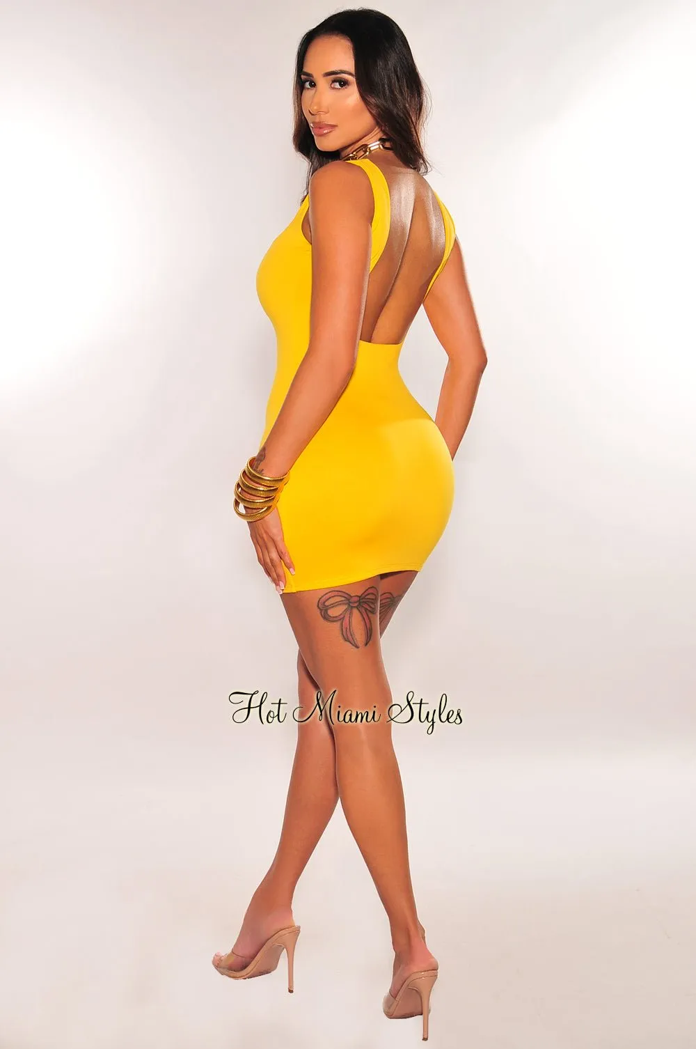 Yellow Squared Neck Open Back Mini Dress sold by Hot Miami Styles product image thumbnail 4