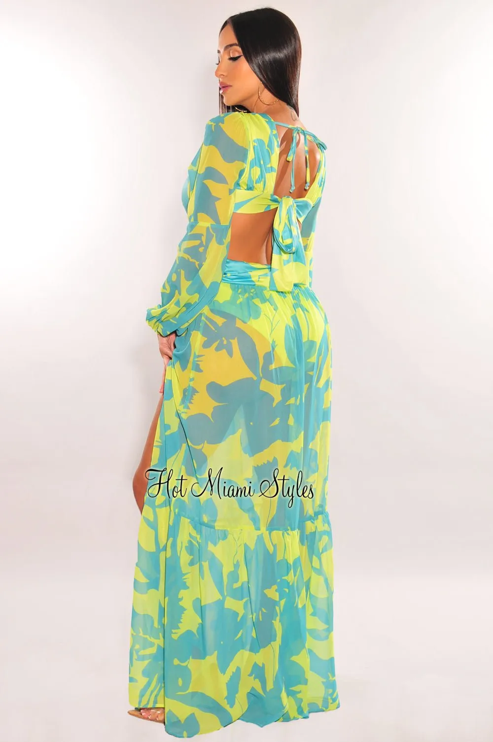 Lime Blue Print O-Ring Cut Out Long Sleeve Double Slit Maxi Dress sold by Hot Miami Styles product image thumbnail 2