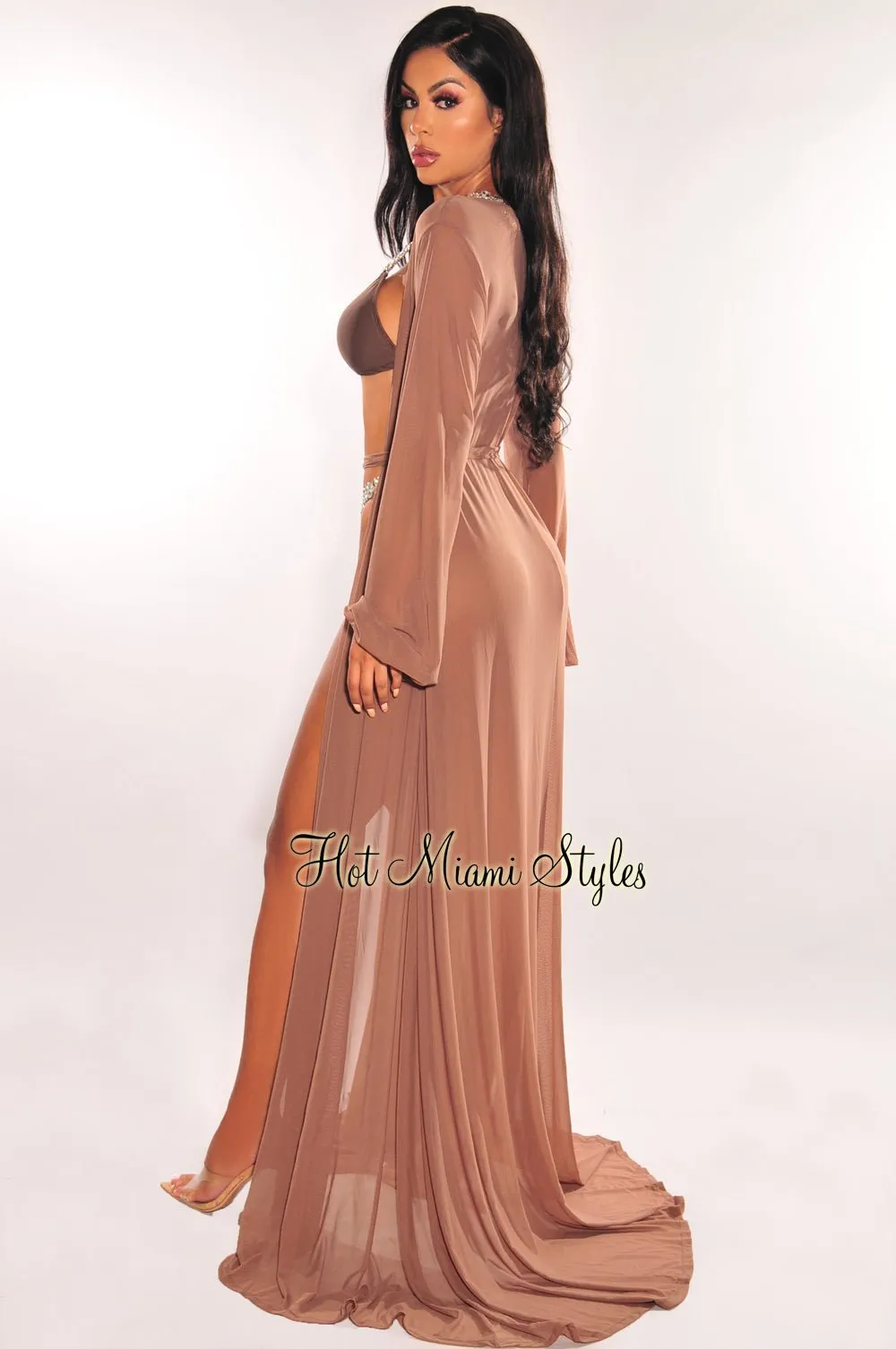 Toffee Mesh Long Sleeves Belted Maxi Cover Up sold by Hot Miami Styles product image thumbnail 2