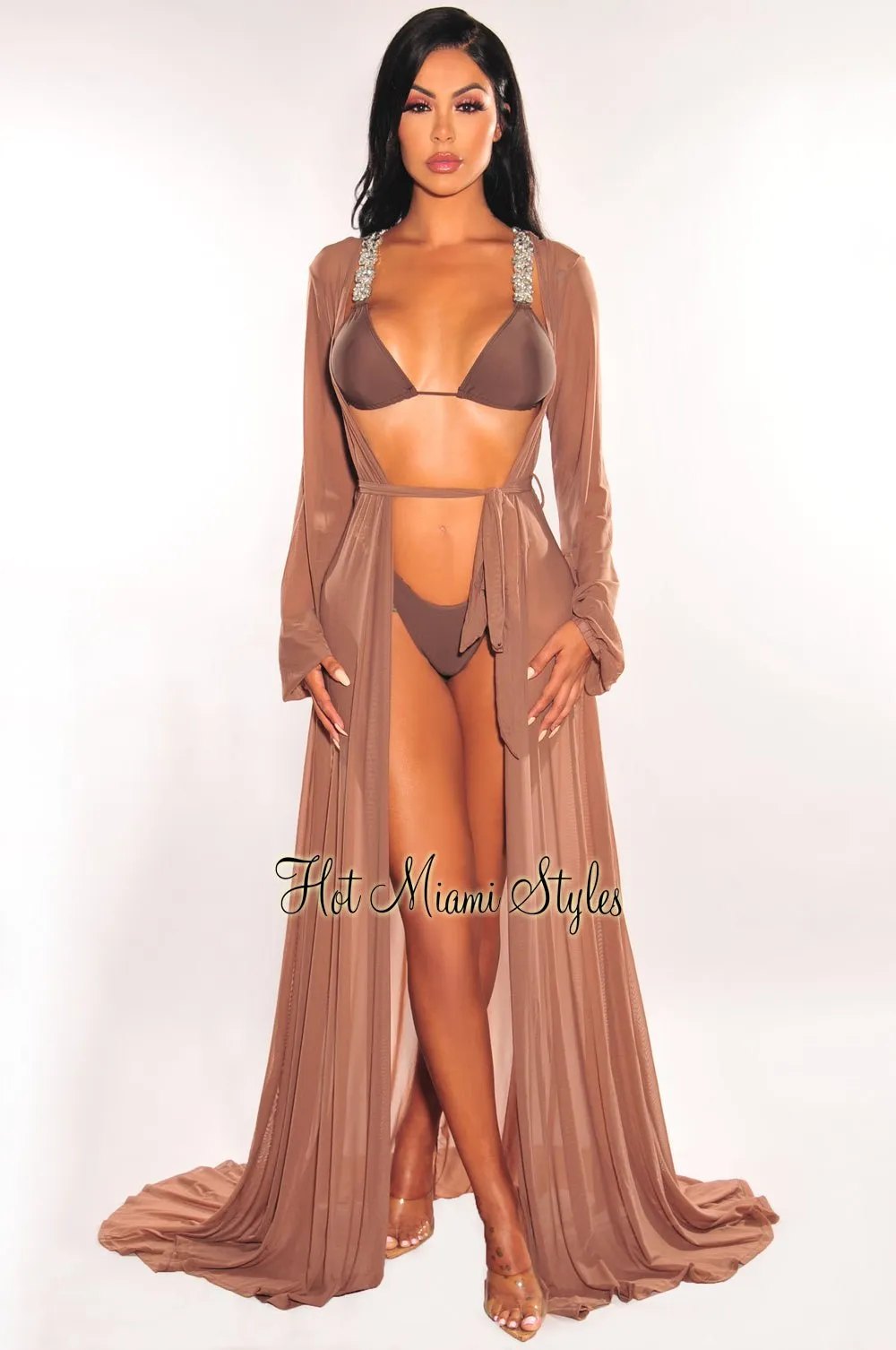 Toffee Mesh Long Sleeves Belted Maxi Cover Up sold by Hot Miami Styles