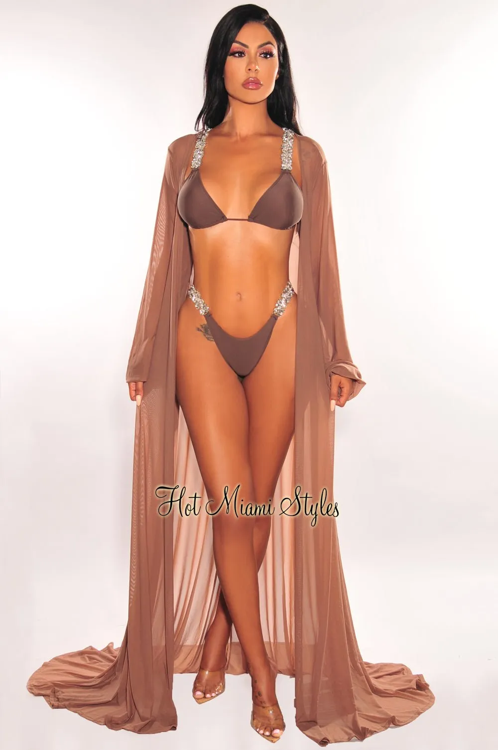 Toffee Mesh Long Sleeves Belted Maxi Cover Up sold by Hot Miami Styles product image thumbnail 3