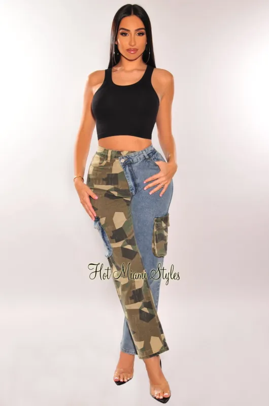 Camo Denim Two Tone Cargo Pocket Wide Leg Jeans sold by Hot Miami Styles