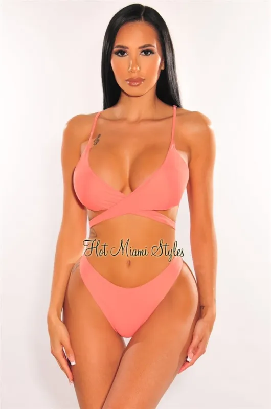 Coral Padded Crochet Spaghetti Straps Wrap Around Bikini Top sold by Hot Miami Styles