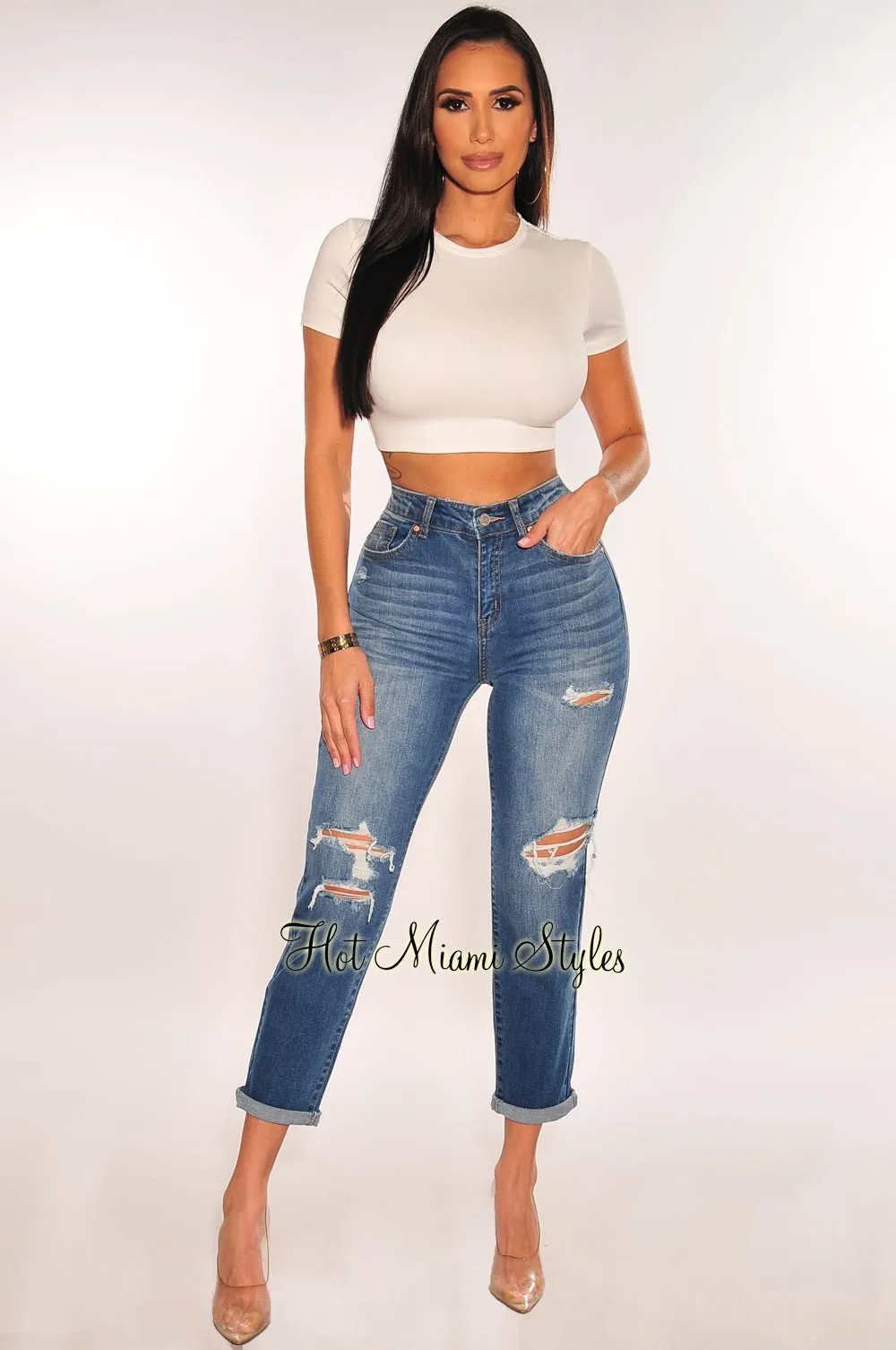Dark Denim High Waist Ripped Knee Relaxed Skinny Jeans sold by Hot Miami Styles product image thumbnail 2