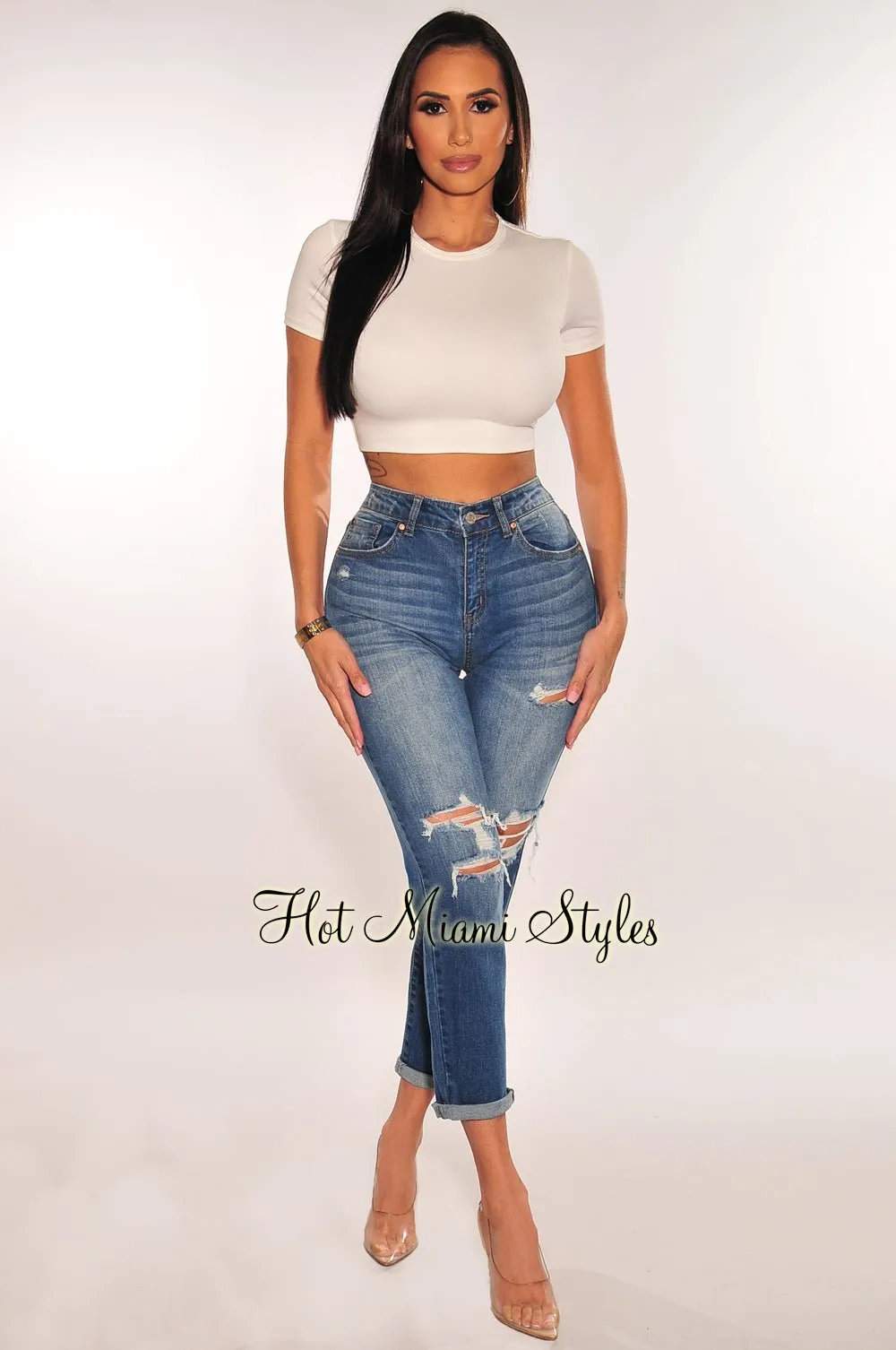 Dark Denim High Waist Ripped Knee Relaxed Skinny Jeans sold by Hot Miami Styles
