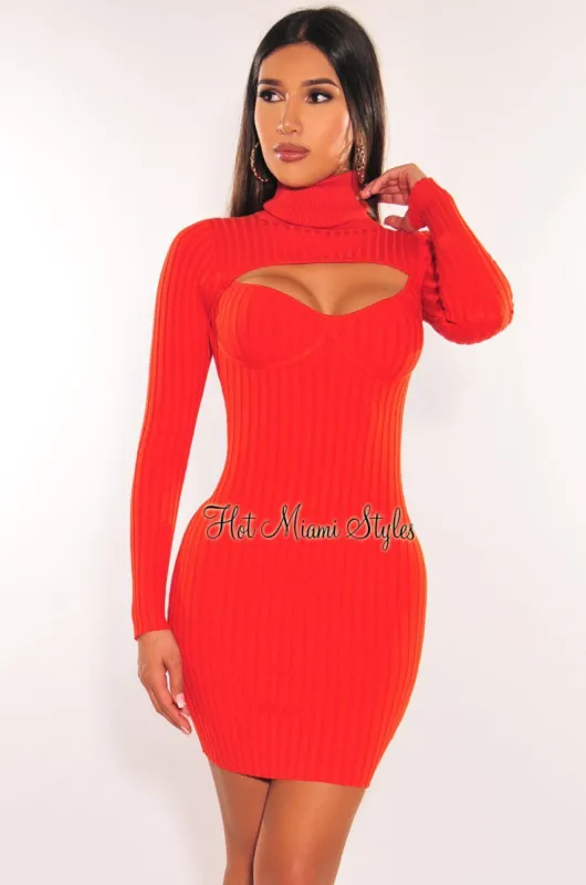 Burnt Orange Ribbed Knit Turtle Neck Long Sleeve Cut Out Dress sold by Hot Miami Styles