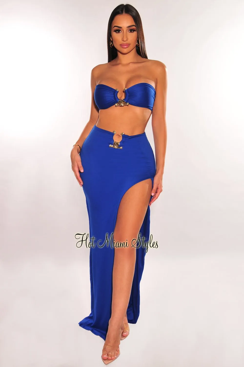 green emerald velvet dress Natalia Blue and Gold Watercolor Strapless Maxi Dress - S Size - Women's Dresses