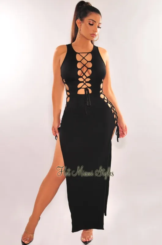 Black Sleeveless Lace Up Sides Double Slit Maxi Dress sold by Hot Miami Styles