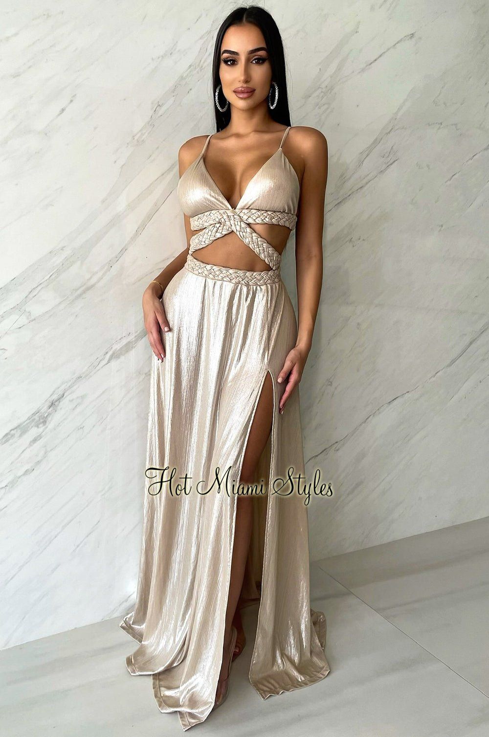 Champagne Shimmery Spaghetti Straps Braided Cut Out Slit Maxi Dress sold by Hot Miami Styles
