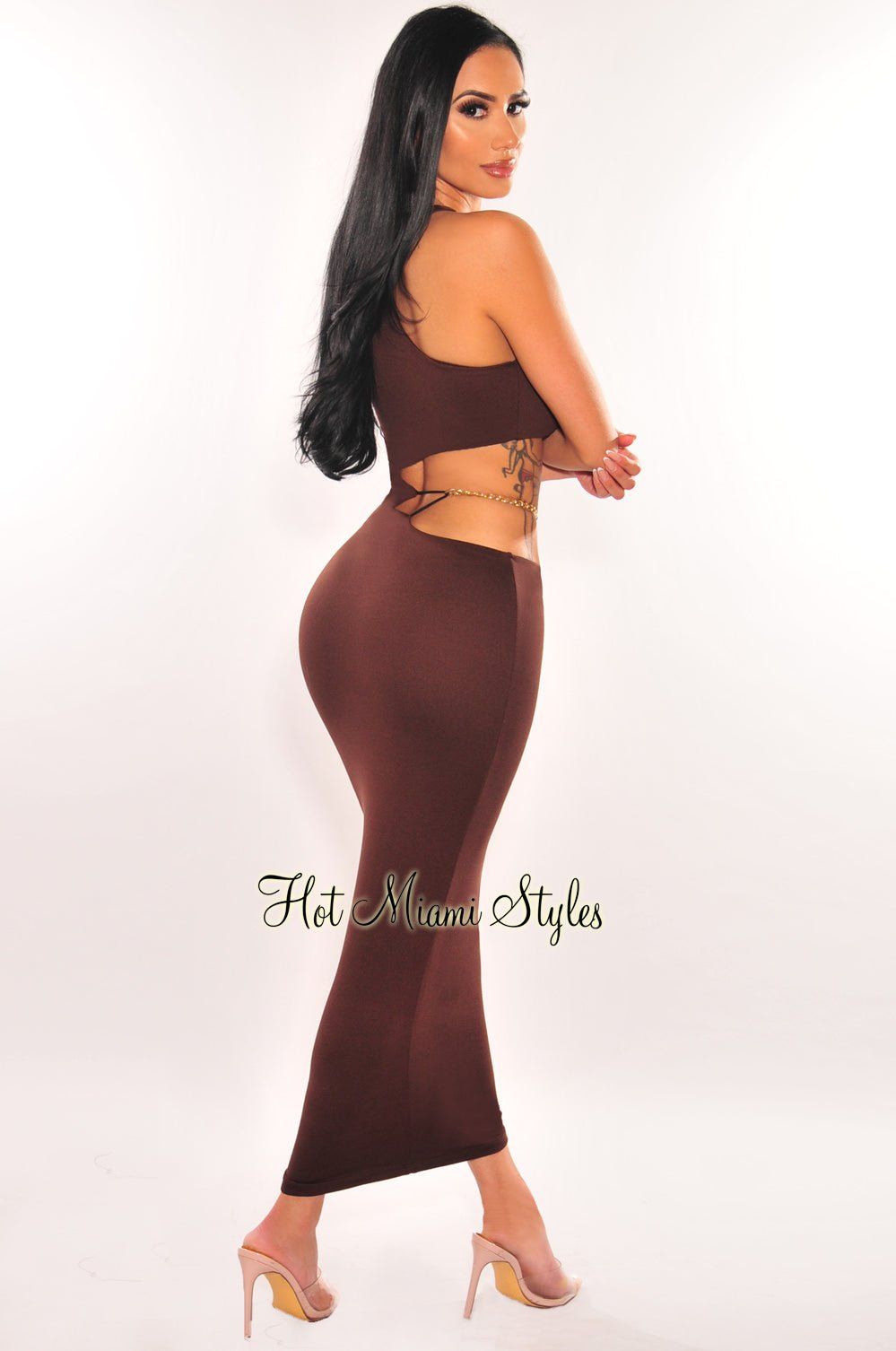 Chocolate Sleeveless Gold Chain Cut Out Midi Dress sold by Hot Miami Styles product image thumbnail 2