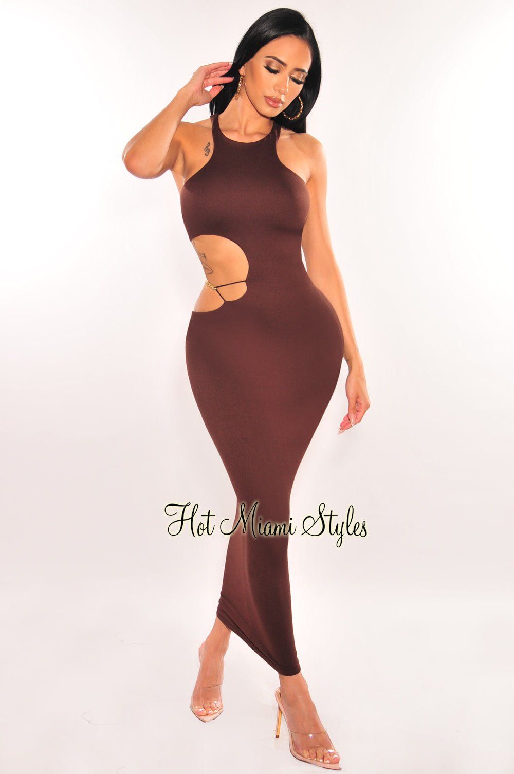 Chocolate Sleeveless Gold Chain Cut Out Midi Dress sold by Hot Miami Styles