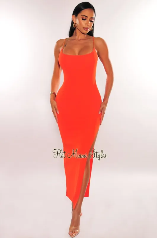 Tangerine Ribbed Gold Chain Spaghetti Strap Slit Dress sold by Hot Miami Styles