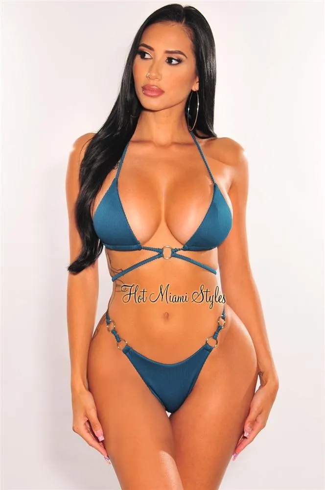 Teal Ribbed Padded Tie Up O-Ring Wrap Around Bikini Top sold by Hot Miami Styles