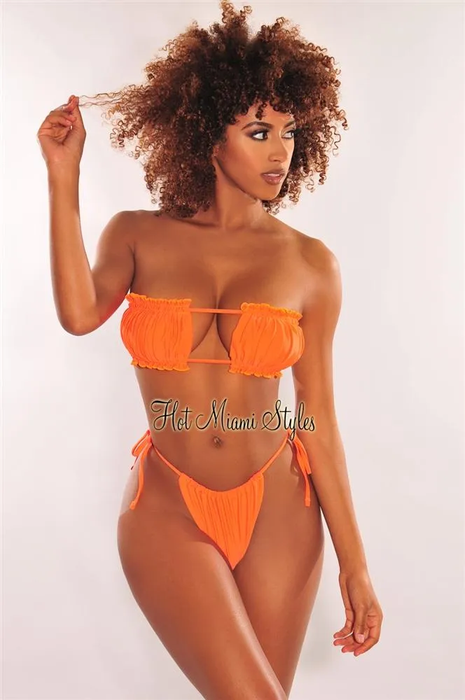 Tangerine Ruched Bust Frill Padded Bandeau Bikini Bottom sold by Hot Miami Styles