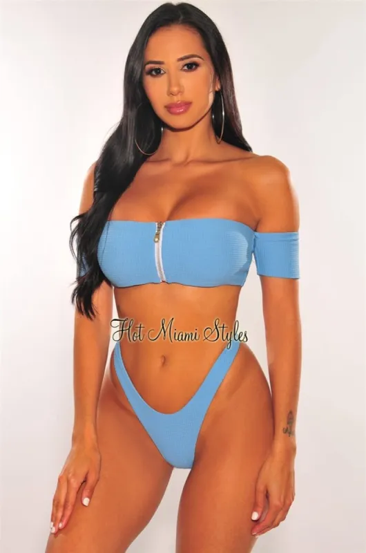 Iced Blue Textured Zipper Off Shoulder Bikini Top sold by Hot Miami Styles