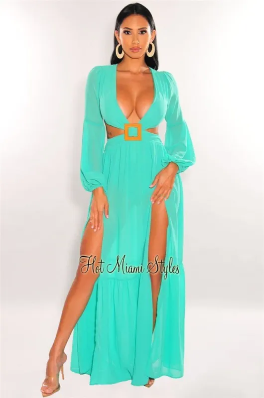 Teal Mesh V Neck Cut Out Long Sleeves Double Slit Maxi Dress sold by Hot Miami Styles