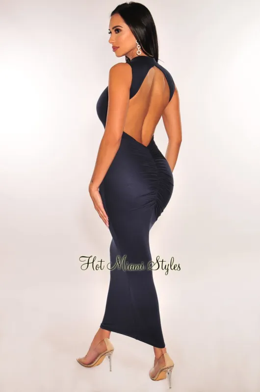 Navy Mock Neck Sleeveless Open Back Scrunch Butt Dress sold by Hot Miami Styles