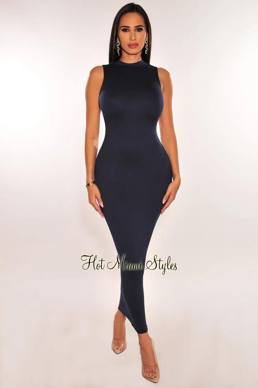 Navy Mock Neck Sleeveless Open Back Scrunch Butt Dress sold by Hot Miami Styles product image thumbnail 2