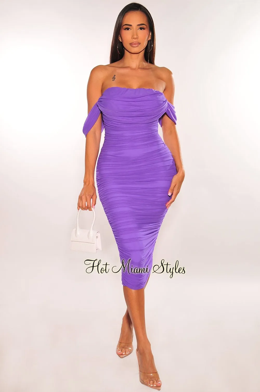 Purple Off Shoulder Ruched Dress sold by Hot Miami Styles
