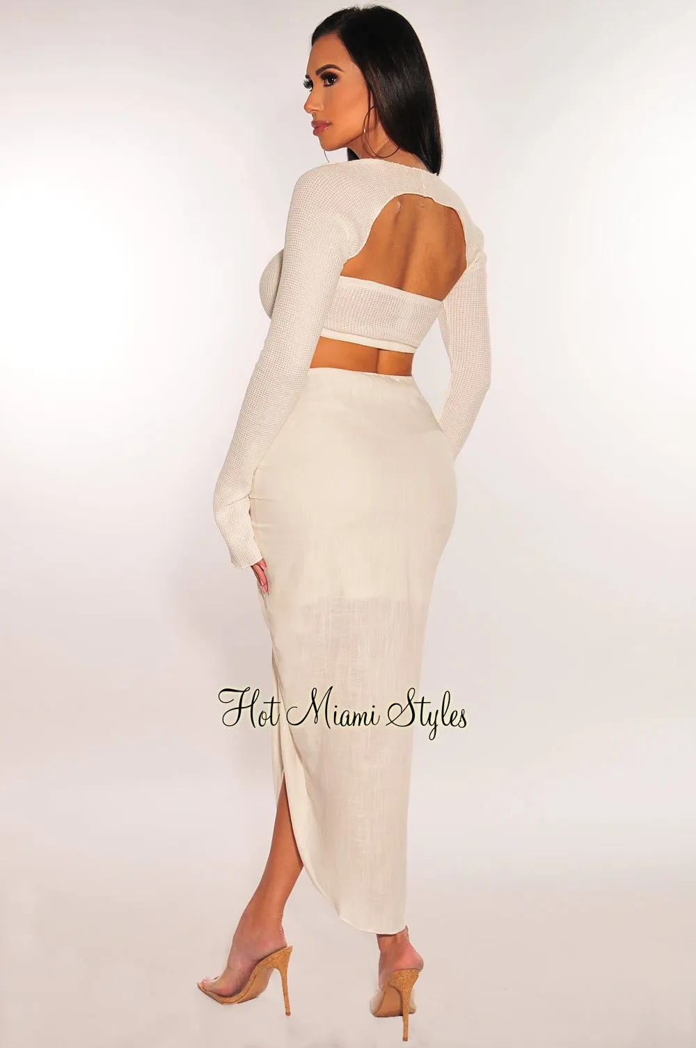 Off White Knit Hanky Hem Bandeau Top + Shrug Jacket sold by Hot Miami Styles product image thumbnail 4