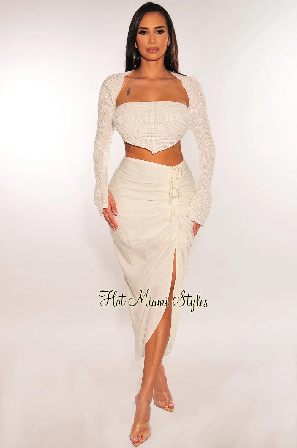 Off White Knit Hanky Hem Bandeau Top + Shrug Jacket sold by Hot Miami Styles product image thumbnail 3