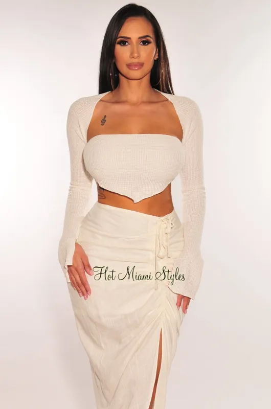 Off White Knit Hanky Hem Bandeau Top + Shrug Jacket sold by Hot Miami Styles