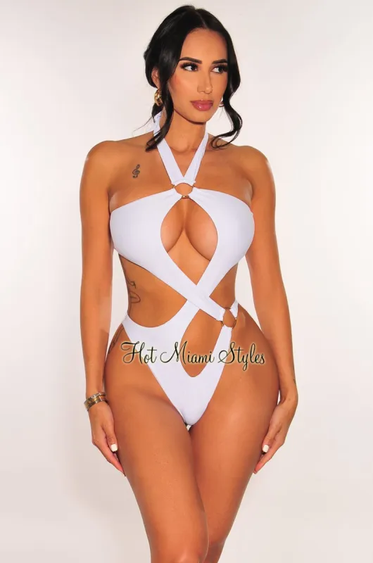 White Halter Gold O-Ring Cut Out Ruched Swimsuit sold by Hot Miami Styles