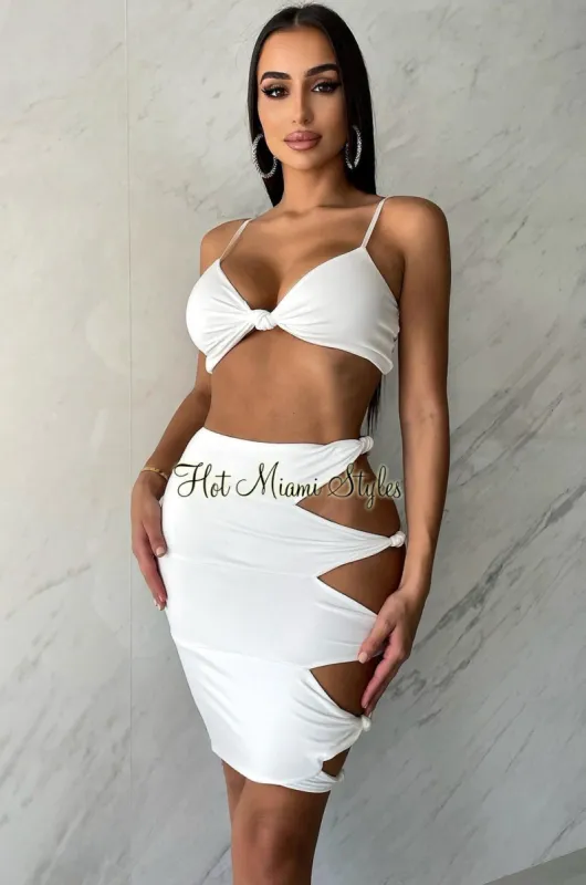White Spaghetti Strap V Knotted Cut Out Skirt Two Piece Set sold by Hot Miami Styles