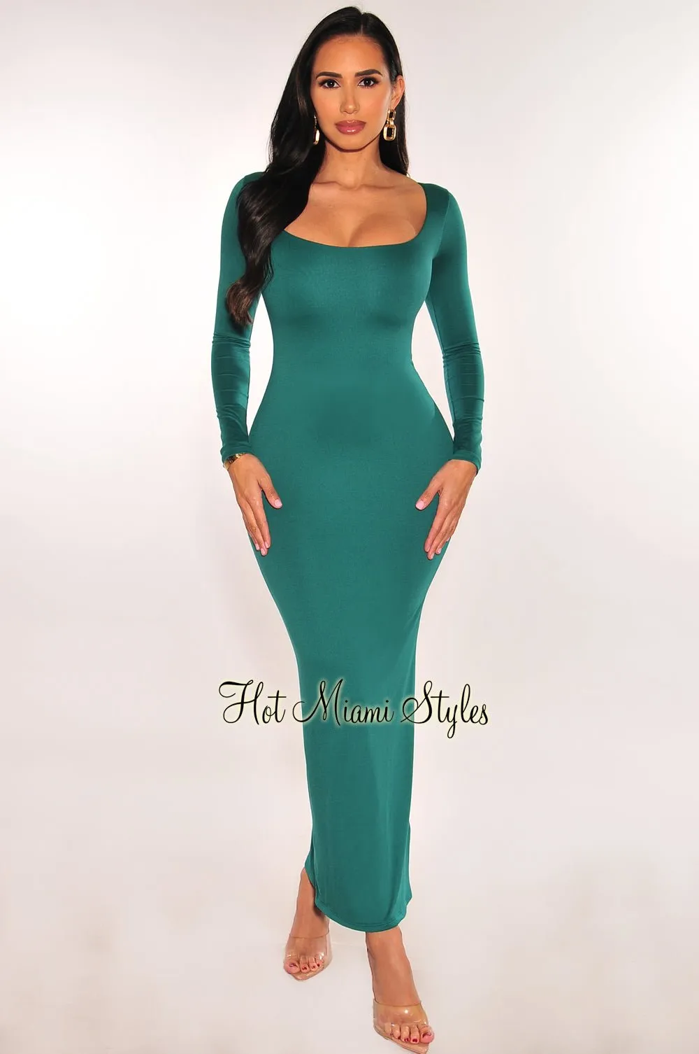 Emerald Green Round Neck Long Sleeve Maxi Dress sold by Hot Miami Styles