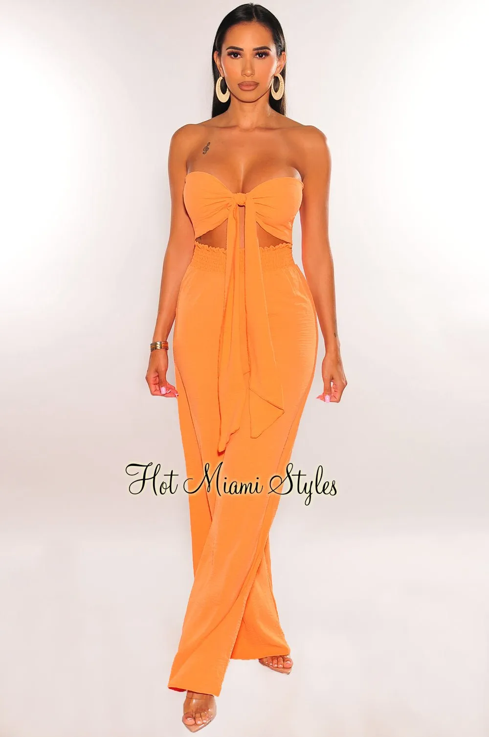 Tangerine Tie Up Bandeau Smocked Linen Palazzo Pants Two Piece Set sold by Hot Miami Styles