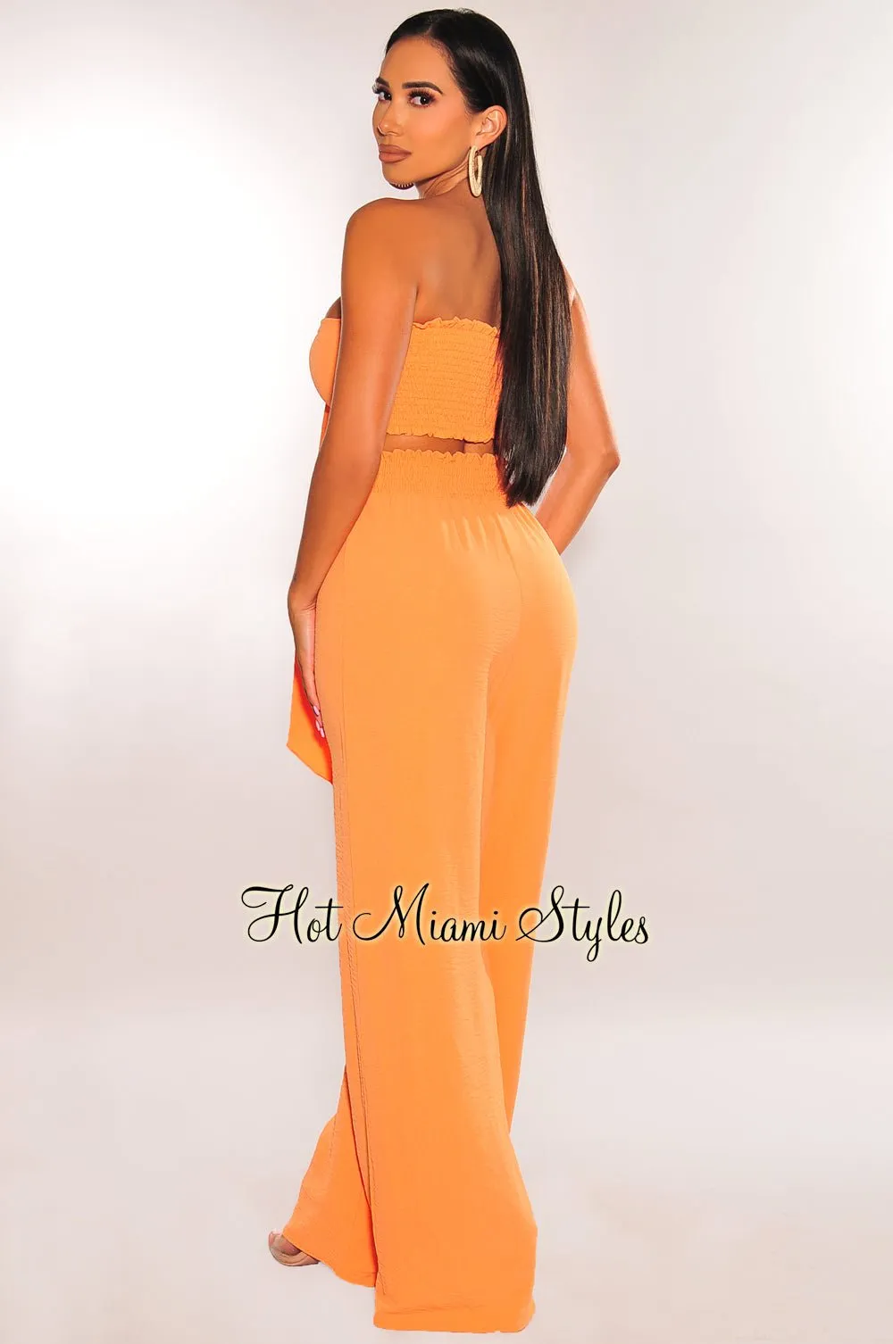 Tangerine Tie Up Bandeau Smocked Linen Palazzo Pants Two Piece Set sold by Hot Miami Styles product image thumbnail 2